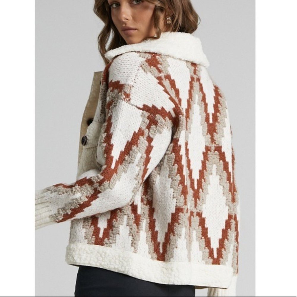 Aztec Print Knit Oversized Cardigan Geo Print Textured 3D Sherpa Trim Coat - Picture 2 of 6